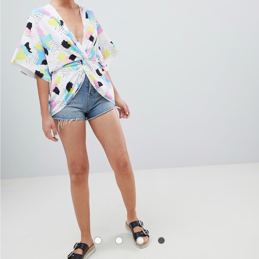ASOS DESIGN knot front top w/ kimono sleeve in graphic print size UK 30 (US 26)